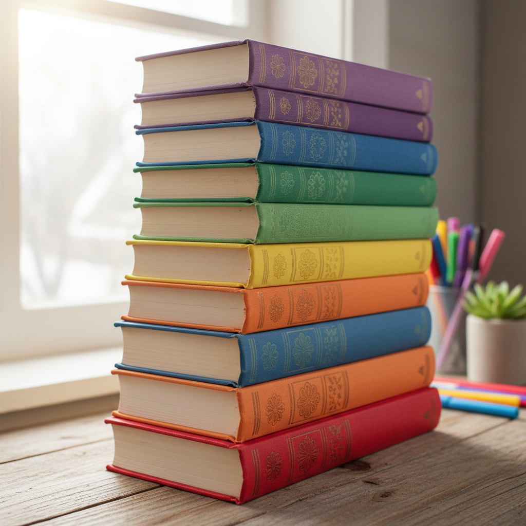 A tall stack of colorful hardcover books with embossed spines on a wooden desk.