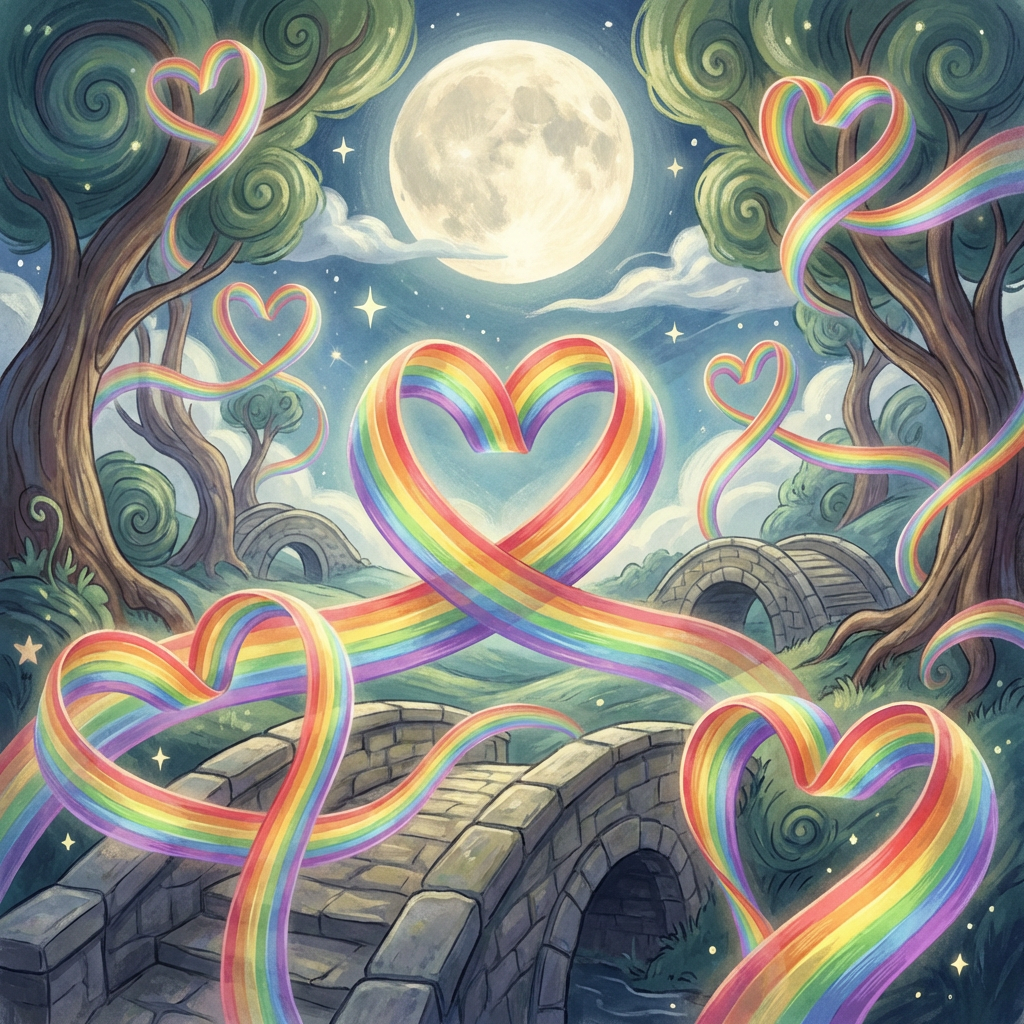 Digital illustration of a night landscape with rainbow ribbons forming heart shapes over stone bridges.