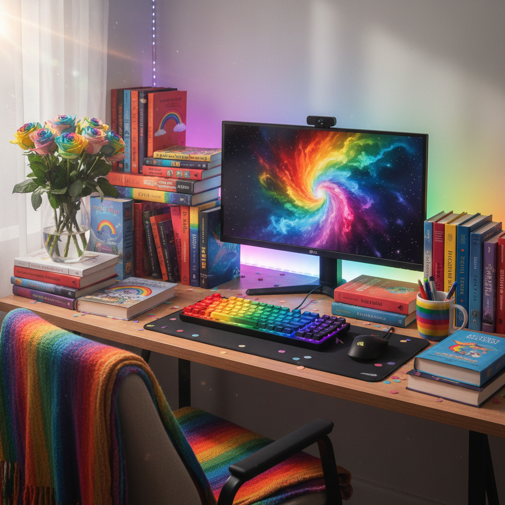 Rainbow-themed desk setup with a backlit keyboard, colorful books, and a vase of rainbow roses.
